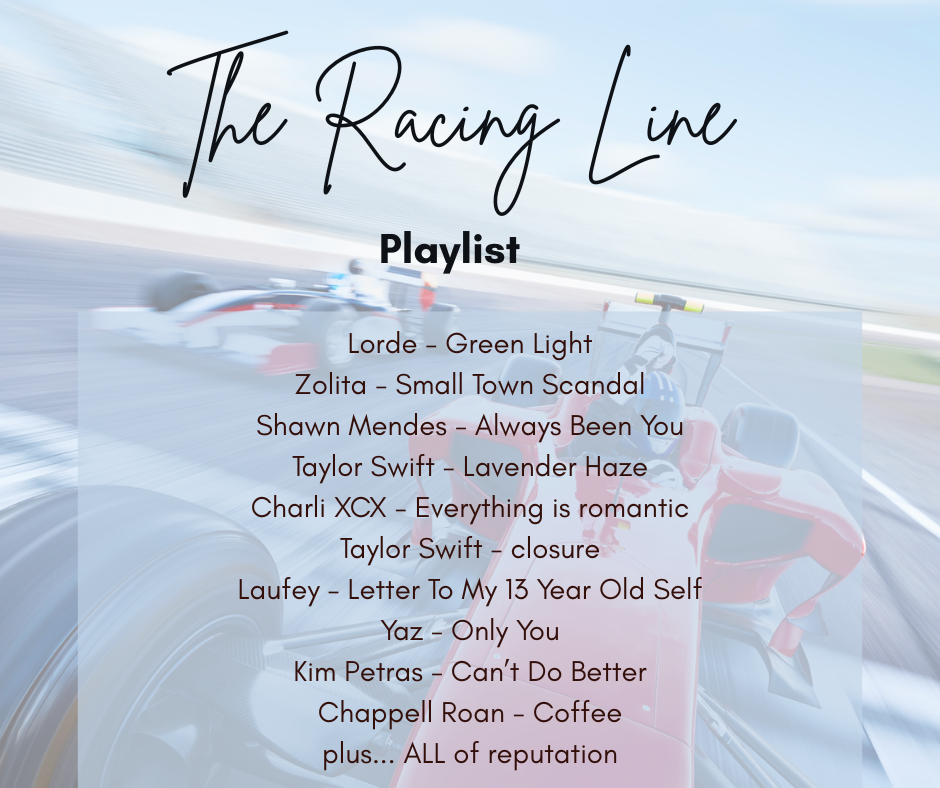 Editors Guide Playlist Playlist The Racing Line Lorde - Green Light Zolita - Small Town Scandal Shawn Mendes - Always Been You Taylor Swift - Lavender Haze Charli XCX - Everything is romantic Taylor Swift - closure Laufey - Letter To My 13 Year Old Self Yaz - Only You Kim Petras - Can’t Do Better Chappell Roan - Coffee plus... ALL of reputation